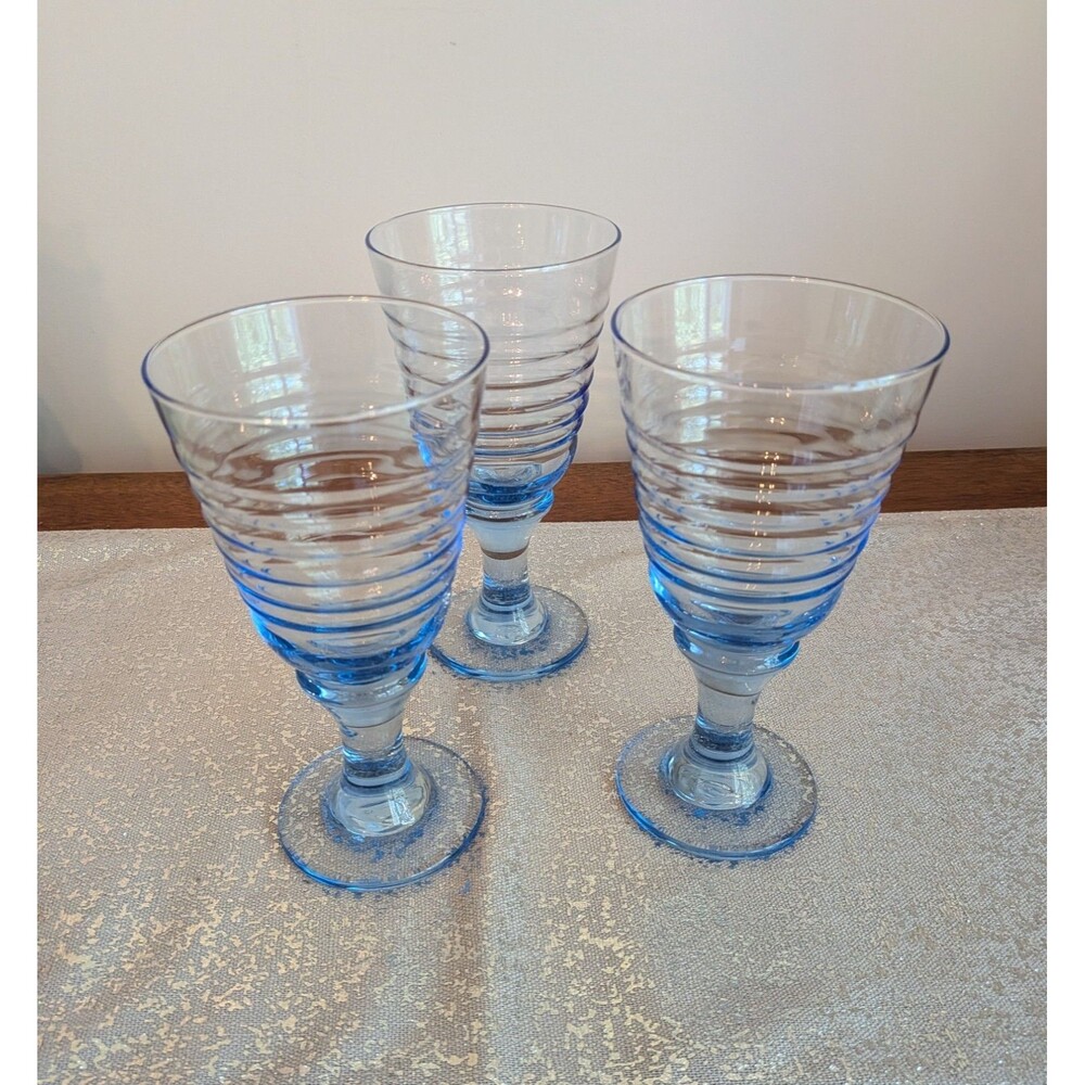 VTG Sirrus Blue Libbey Celestial Beehive Ribbed 12 oz Wine Glass Goblets Setof 3